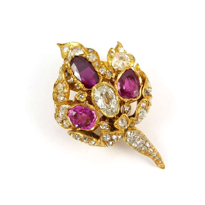 Antique ruby and diamond flowerhead cluster brooch